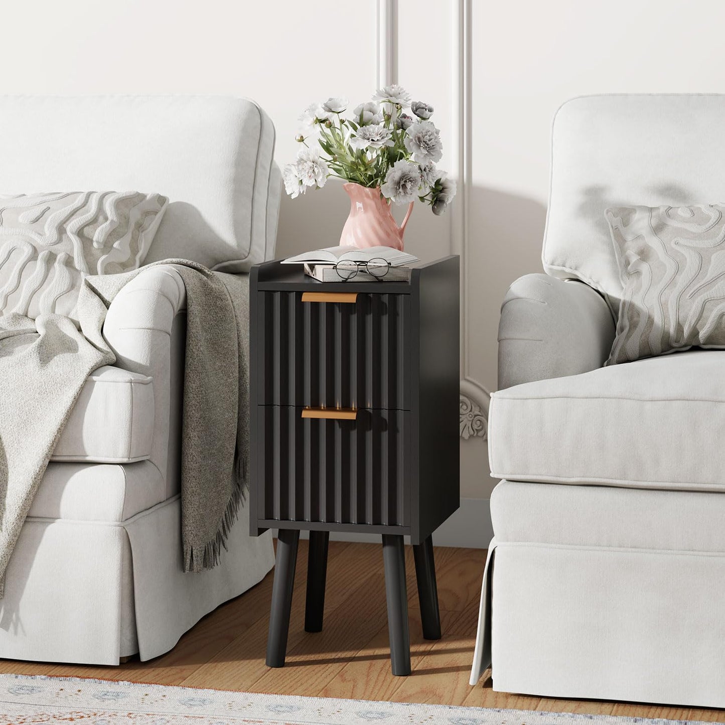 IBUYKE 22.5CM Slim Bedside Table with 2 Drawer,Black WNS015B