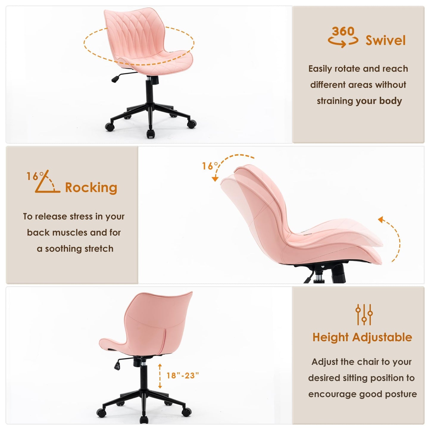 YOUNUOKE Desk Chair Adjustable Home Office Chair with Wheels, Pink