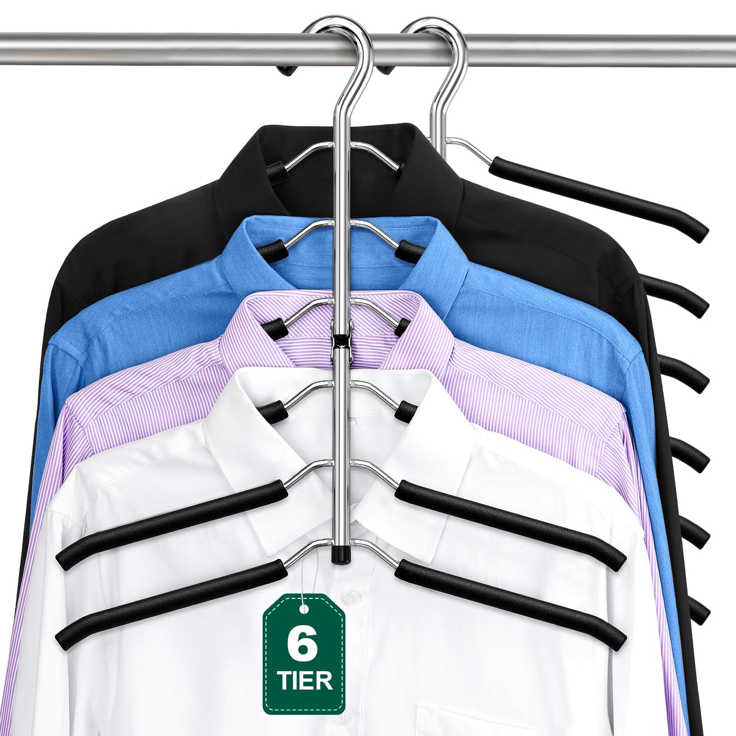 DOIOWN Space Saving 6 Tier Coat Hangers: Non Slip Foam Padded, Black, Stainless Steel & EVA, 3 Pack, Up to 30 lbs, Perfect for Men, Women & Kids