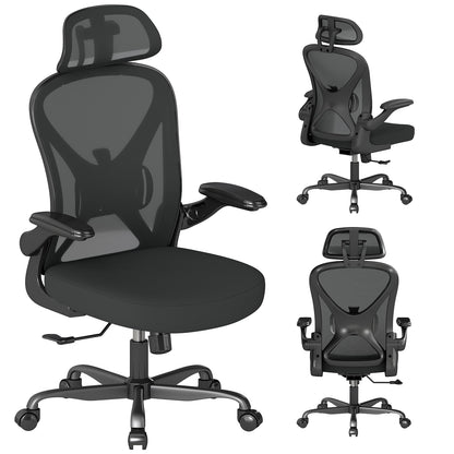 Keratee Ergonomic Office Chair with Adjustable Lumbar Support and Headrest, 136 KG Swivel Desk Chair with Flip-Up Arms