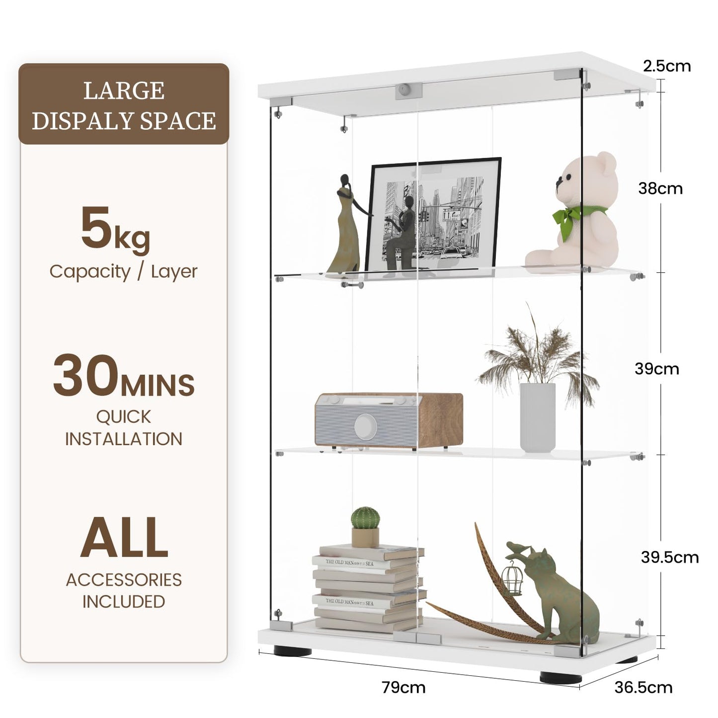 Beauty4U 3-Shelf Double Door Glass Display Cabinet, 125cm Tall, White