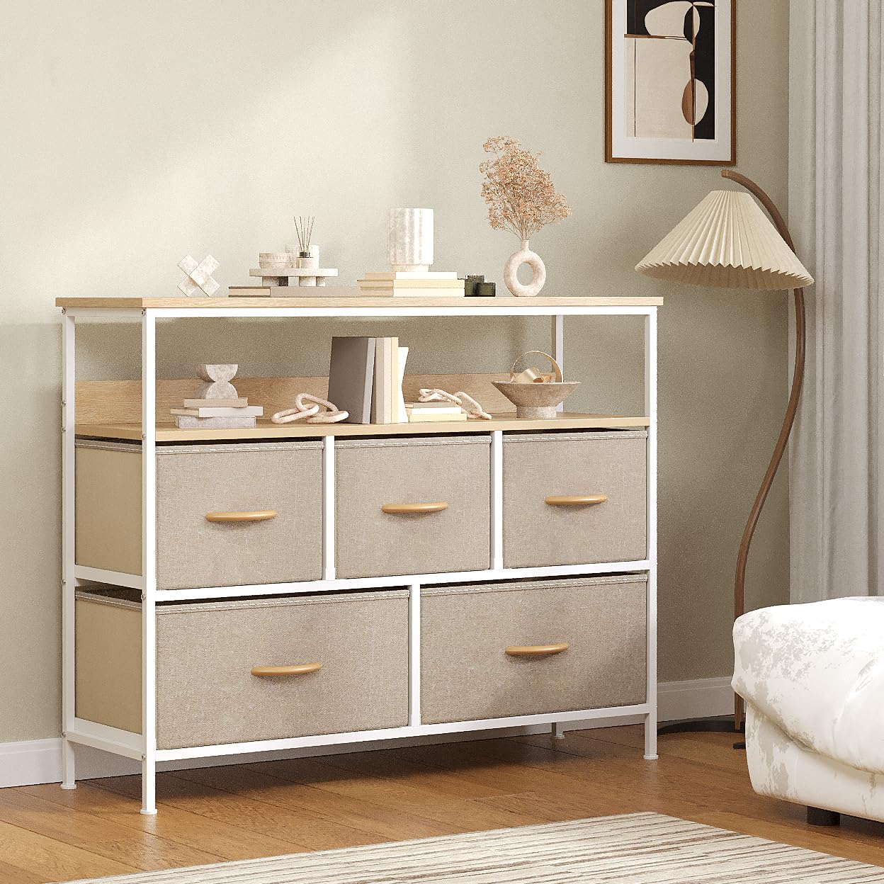 Feonase Chest of Drawers, 5 Drawers Dresser with TV Stand, Metal Frame and MDF Top Board, Adjustable Feet, Storage Unit Ideal for Bedroom