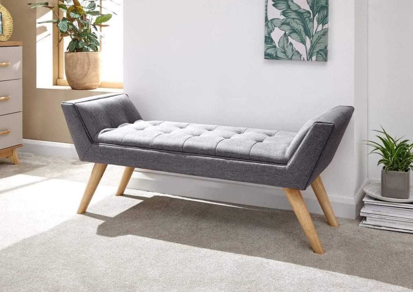 GFW Milan Upholstered Bench, Dark Grey Fabric Bench with Solid Wood Legs, Scandi Style Bedroom, Hallway and Window Seat