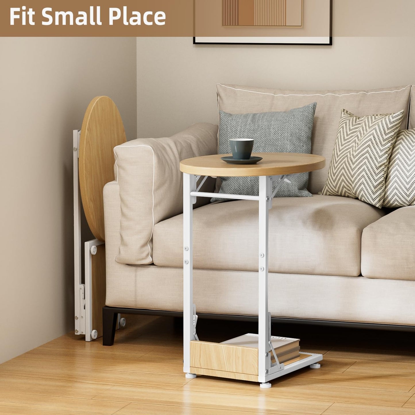 Mutool C Shaped Side Table, Foldable Round Sofa Table with Metal Frame, Small Coffee Table for Living Room Bedroom Office, Light Walnut