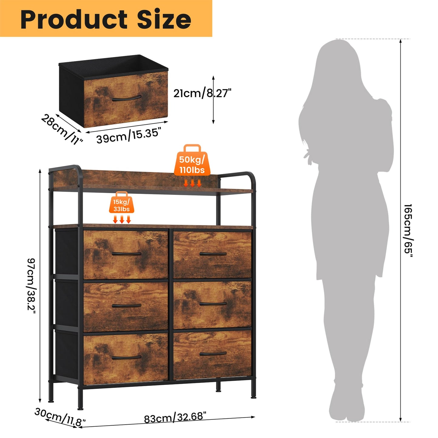 Feonase 6 Drawer Fabric Chest Of Drawers, Double Wooden Top Fabric Storage Tower - Sturdy Steel Frame Dresser for Bedroom/Living Room/Baby Room