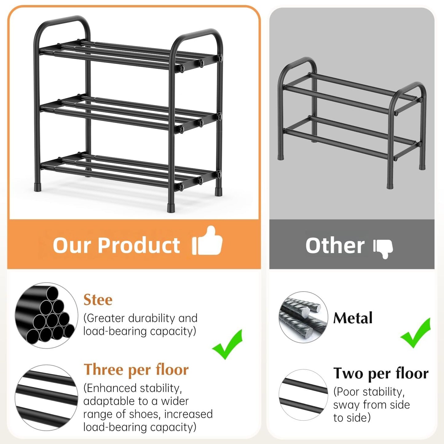 YUWHFEI Extendable Shoe Rack, 2 Tier Small Shoe Racks Adjustable Metal, Black Shoe Storage Organiser for Hallway, Inside Wardrobe, Closet, Bedroom