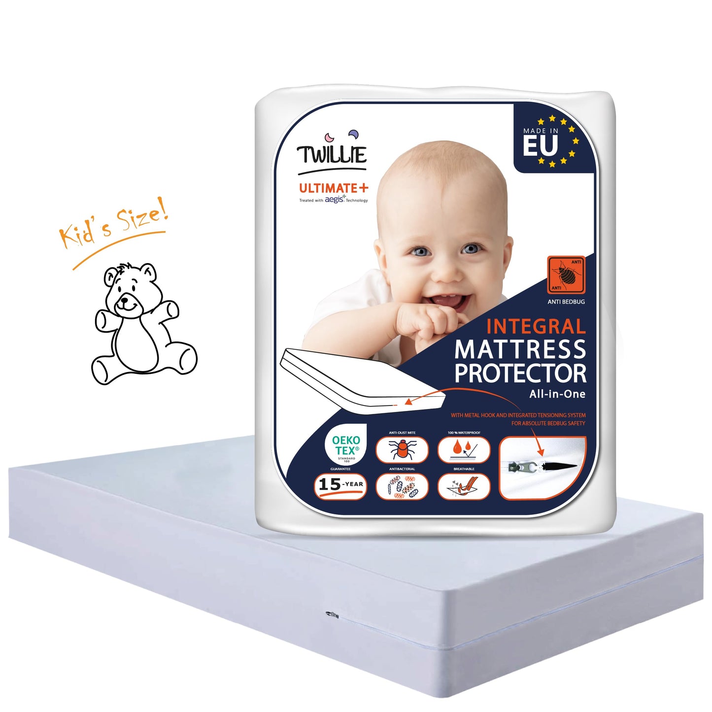 Twillie - Integral Mattress Cover 80x160x15 cm Waterproof - Anti bedbug - Oeko-TEX® Mattress Cover AEGIS® treatment Anti-Dust Mite, Anti-Bacterial
