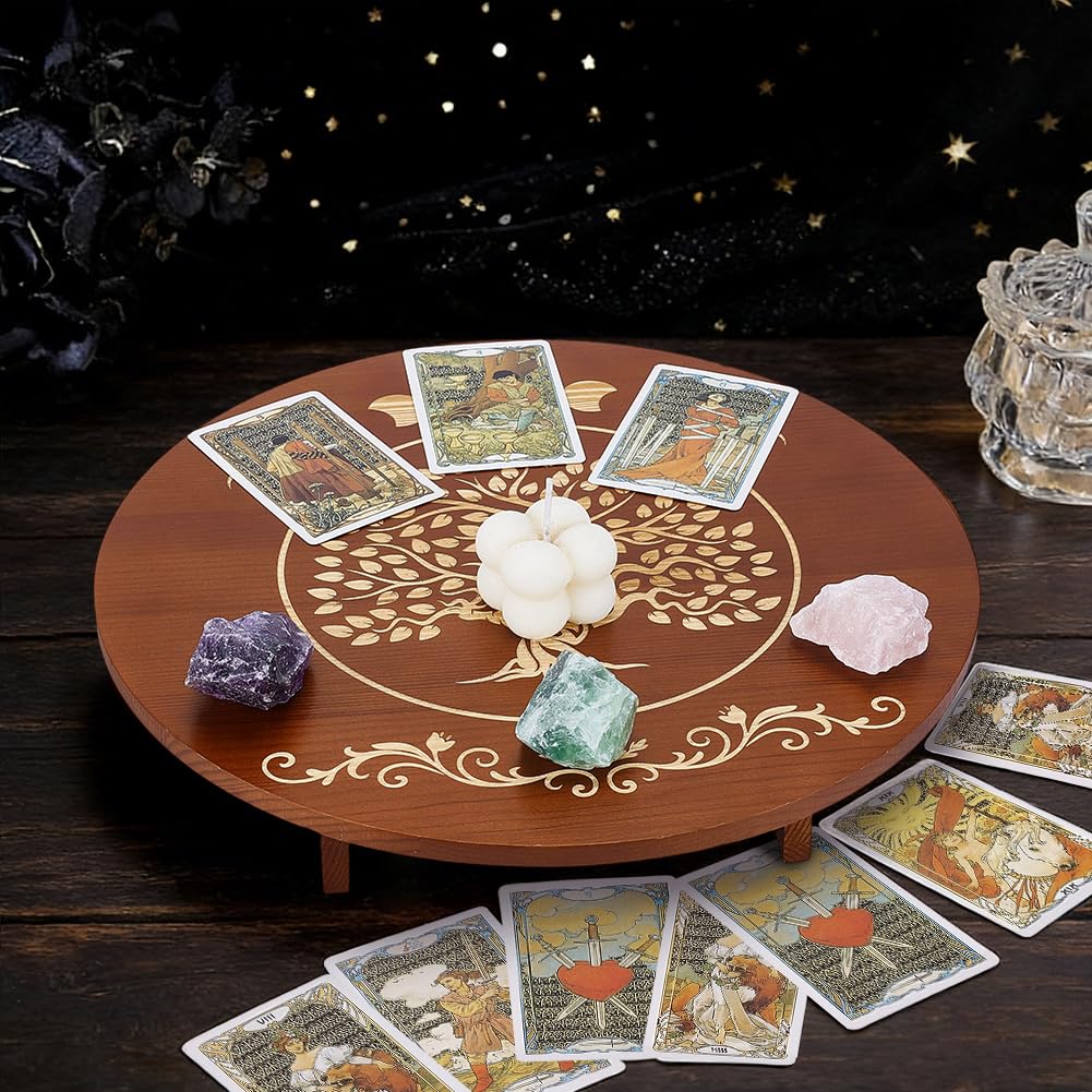 PH PandaHall Altar Table, 11.8x2.7 Inch Round Wooden Meditation Table Engraved Moon Tree of Life Patterns Wiccan Tables for Room Engraved Mystic