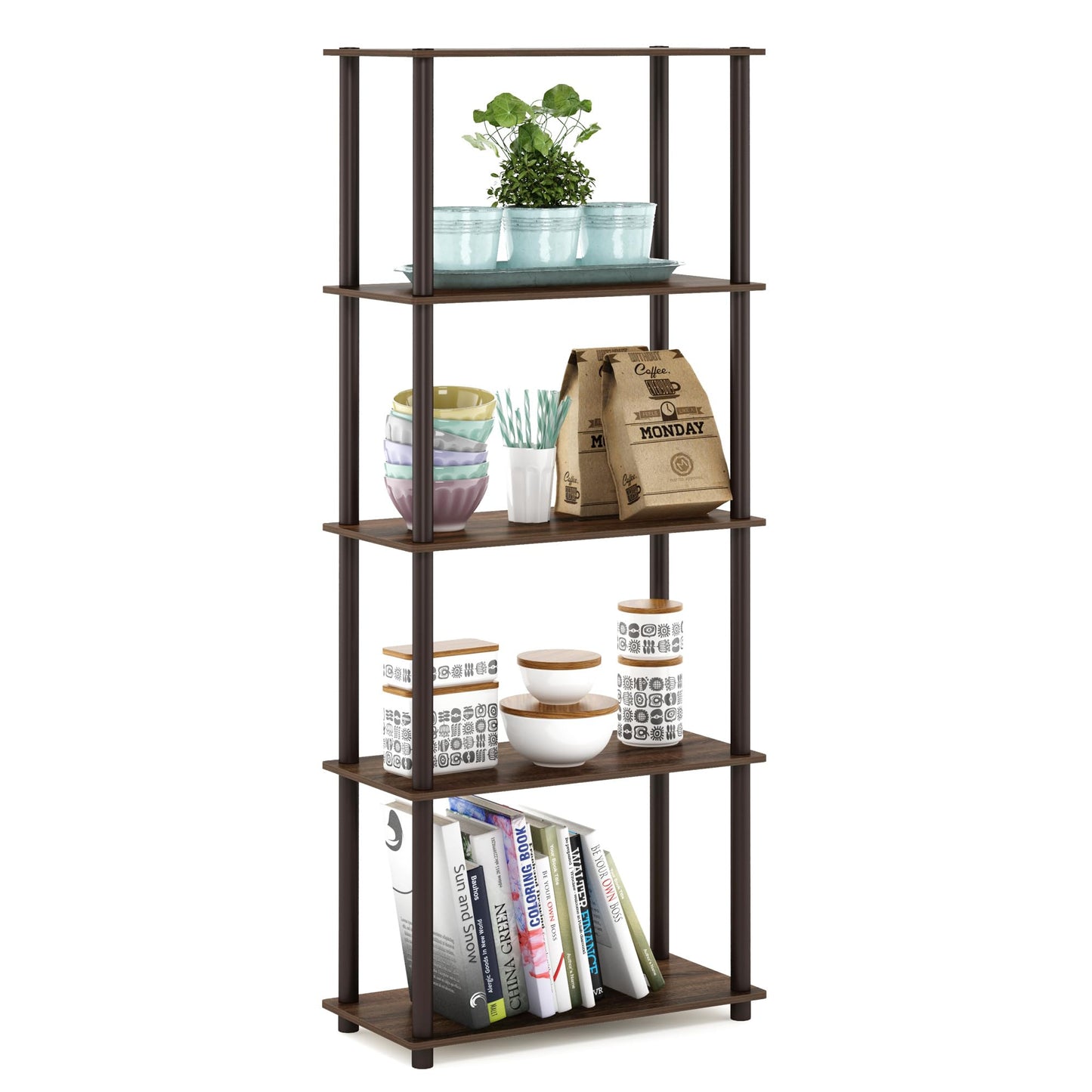 Furinno TURN-N-TUBE Toolless Assembly 5-Tier Storage Shelves, Black Book Shelf, Open Storage Bookshelf, for Organization and Storage, Living Room