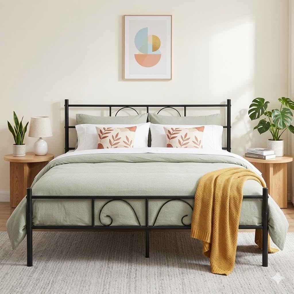 FurnitureR Black Metal Double Bed Frame with Decorative Headboard, Heavy Duty Steel Slats, Noise-Free Support, No Box Spring Needed, Easy Assembly