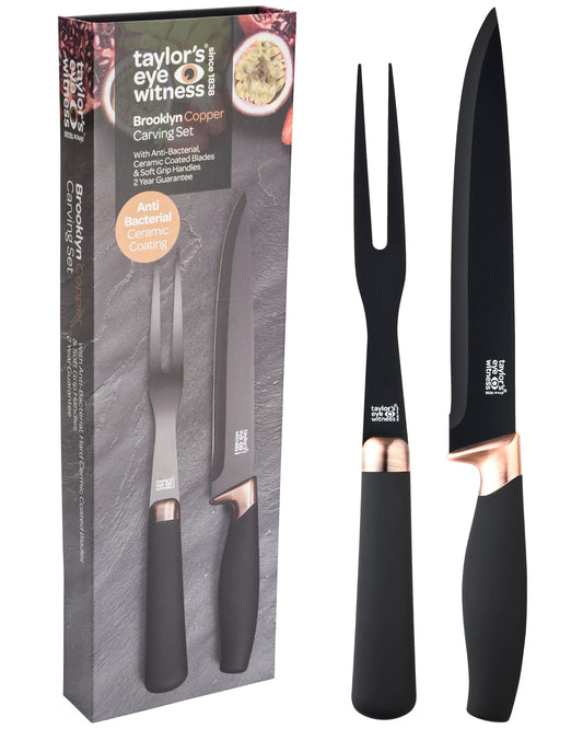 Carving Knife & Meat Fork Set - 20cm/8 Inch Classic Black Plated Blade. Strong, Stylish Two Prong Fork for Professional Chefs & Home Cooks. Copper