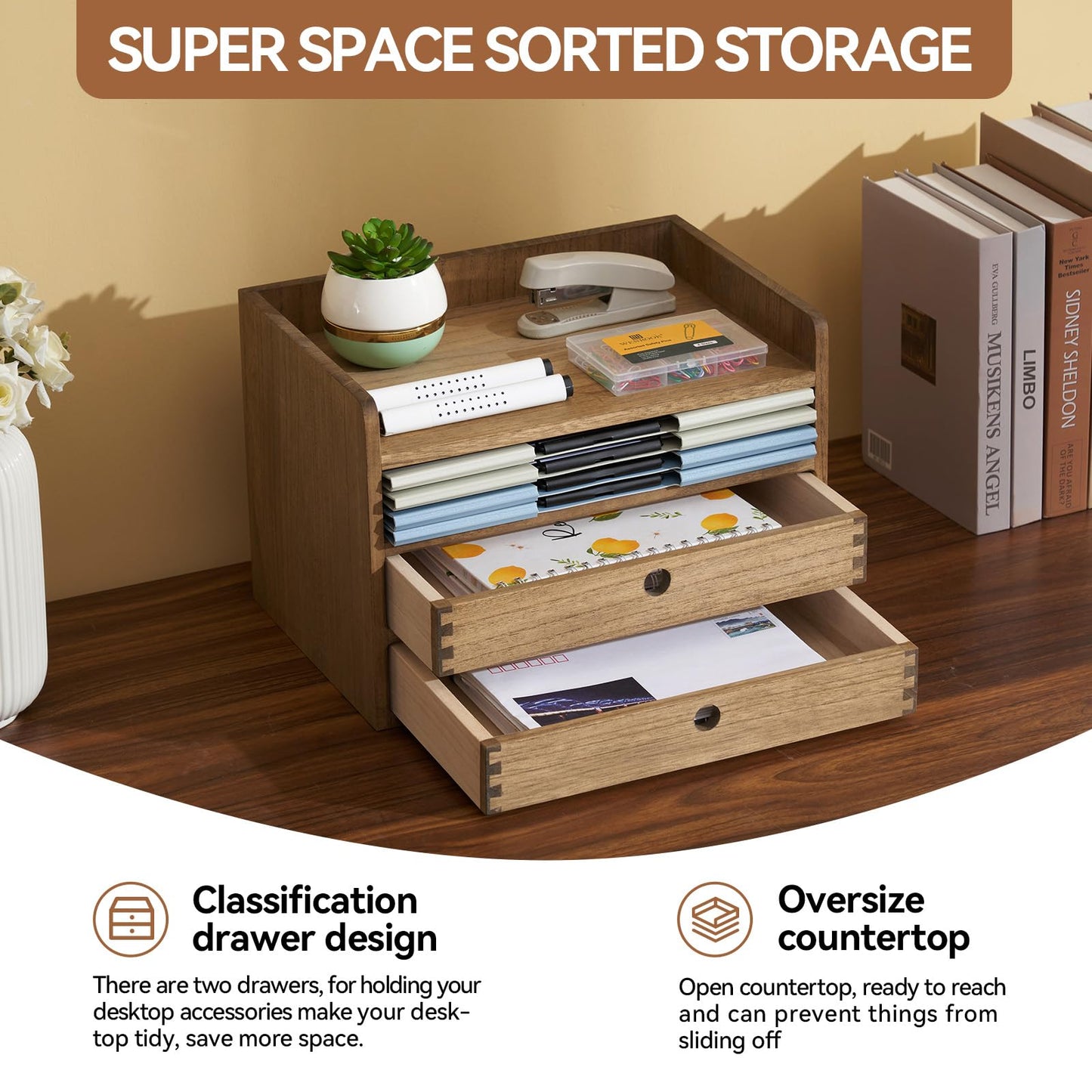 KIRIGEN Wooden Desk Organiser with 2 Drawers and Shelf,Brown