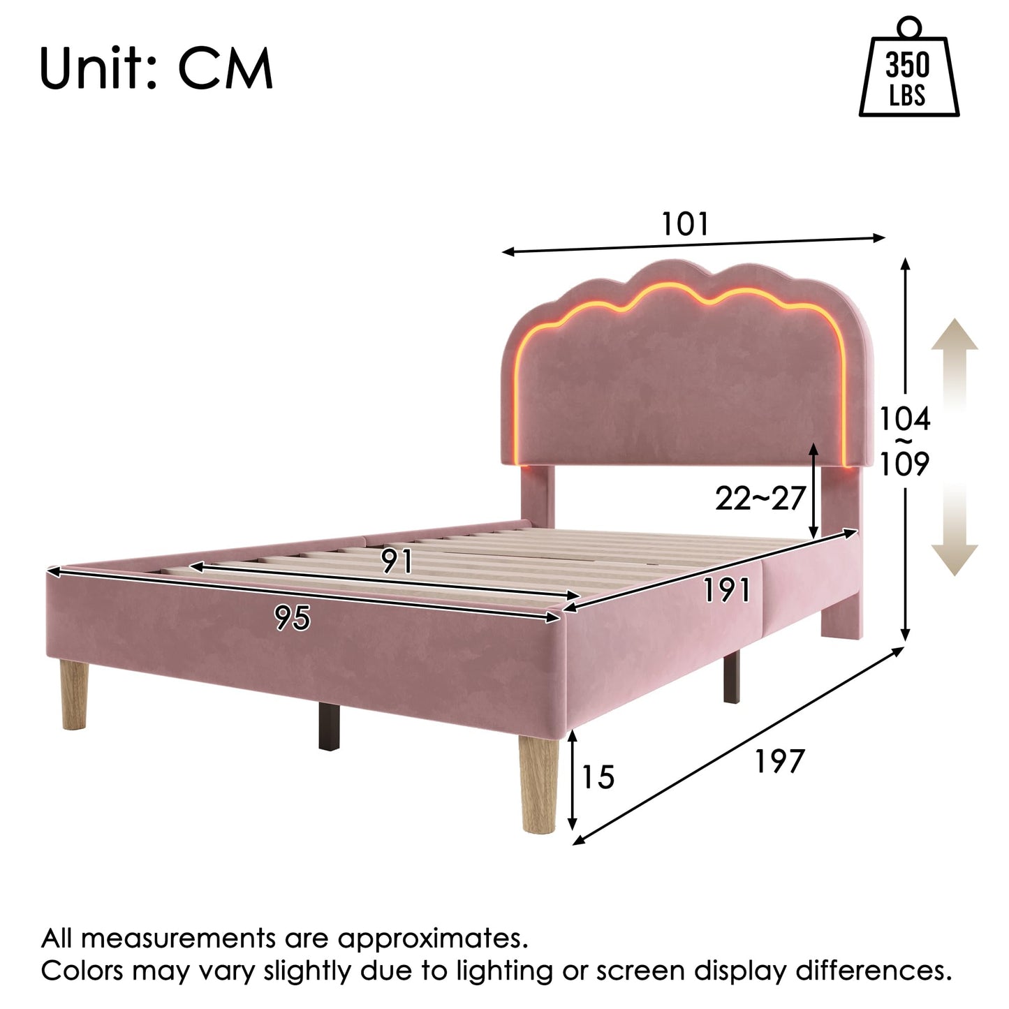 Merax Single bed frame, 3ft Single Upholstered Bed, Adjustable Height Puff Shaped LED Headboard, Sturdy Wooden Slat Support, Velvet Fabric