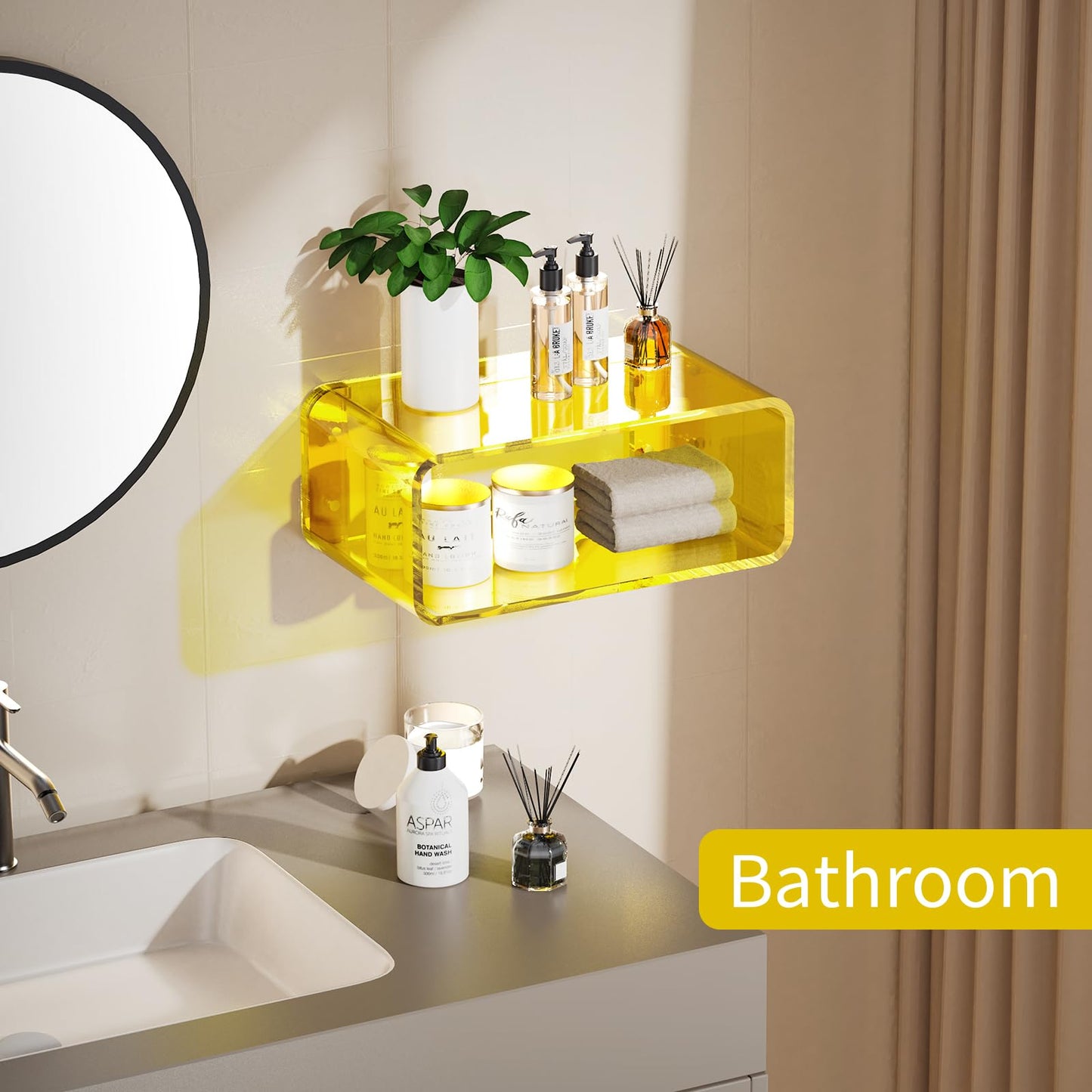 Dewrhiixe Acrylic Floating Bedside Table, Wall Mounted Nightstand Bedside Shelf (Yellow, 41×24×17 cm)