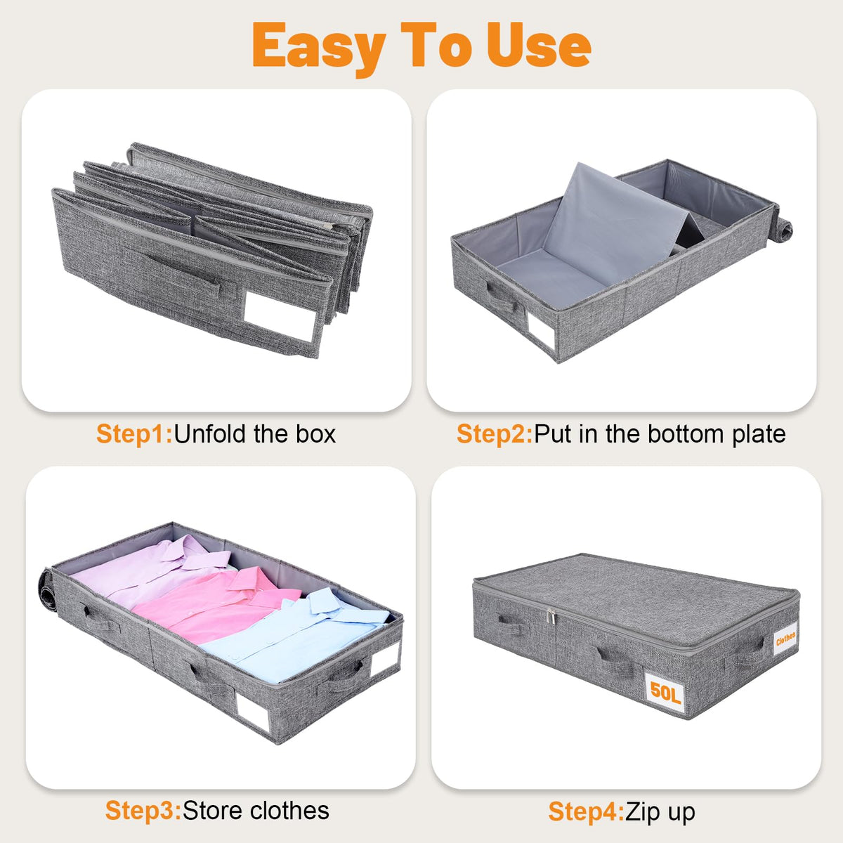 Dntorx 2 Pack 50L Underbed Storage Boxes with Lids, Grey Linen