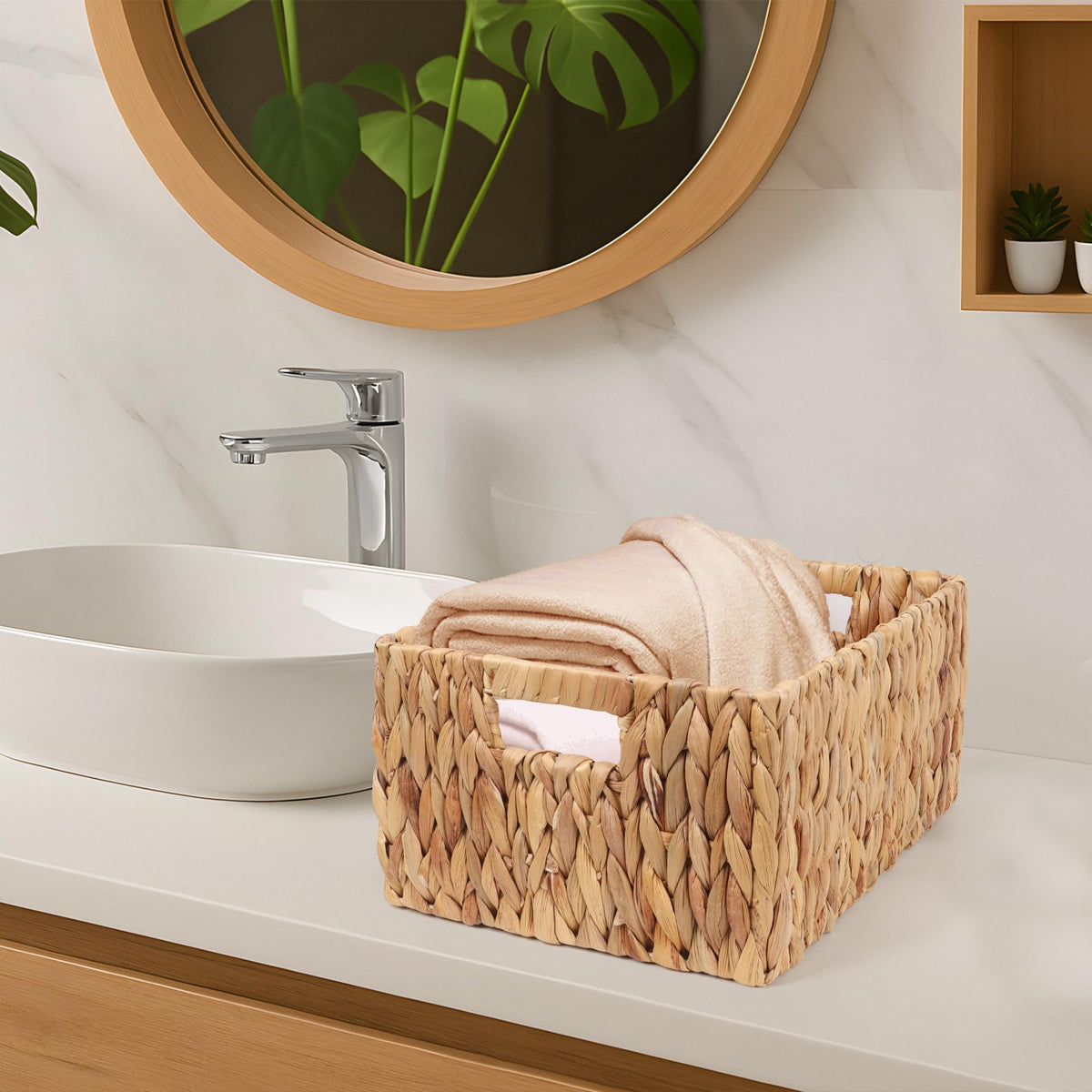 FEIALNDUO Wicker Shelf Baskets, Woven Storage Bins for Shelves Pantry Organizers and Storage with Handles Home Decor Natural, 38 x 28 x 18cm