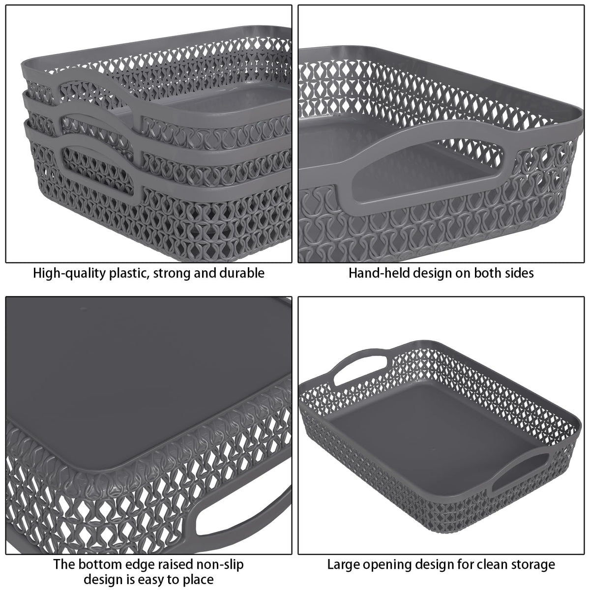 Lesbye Large Plastic Storage Tray Baskets, 6-Pack, Plastic Basket Trays, Grey
