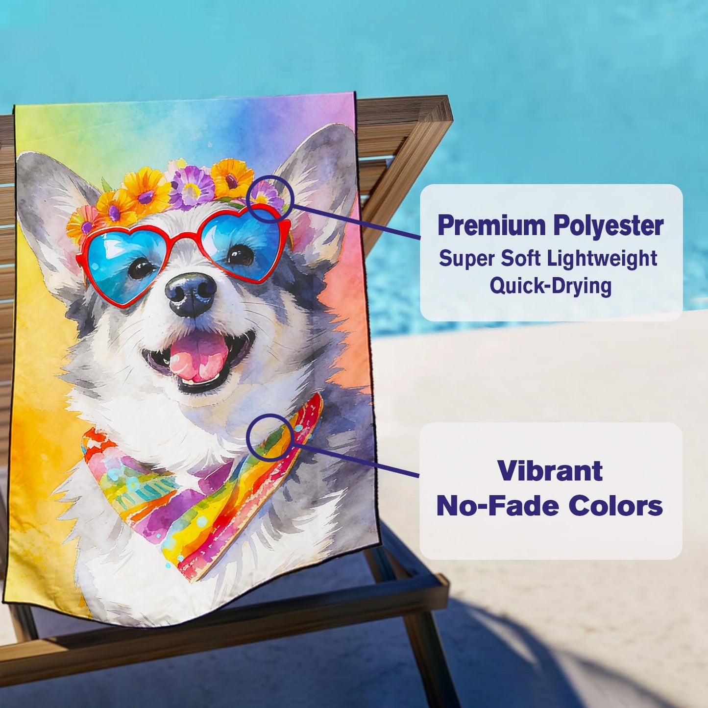 Violetpos Heart Sunglasses Corgi Beach Towel for Dog Lovers, Extra Large 180x90 cm 250GSM Microfibre, Sand Free Quick Dry