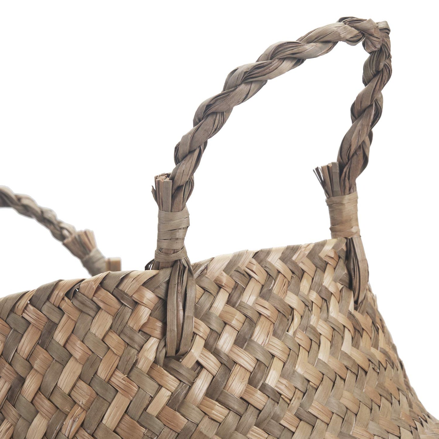 Seagrass Belly Basket Woven Plant Pot with Handles Natural Foldable for Storage Laundry Blankets Toys (Natural + Black)