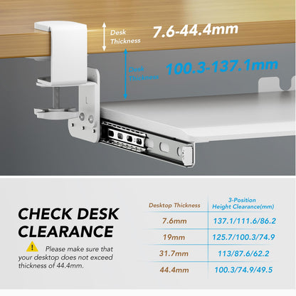 Keyboard Tray Under Desk Pull Out with Extra Sturdy C Clamp Mount System, 694 838 mm Including Clamps x 300 mm Slide-Out Platform Computer Drawer