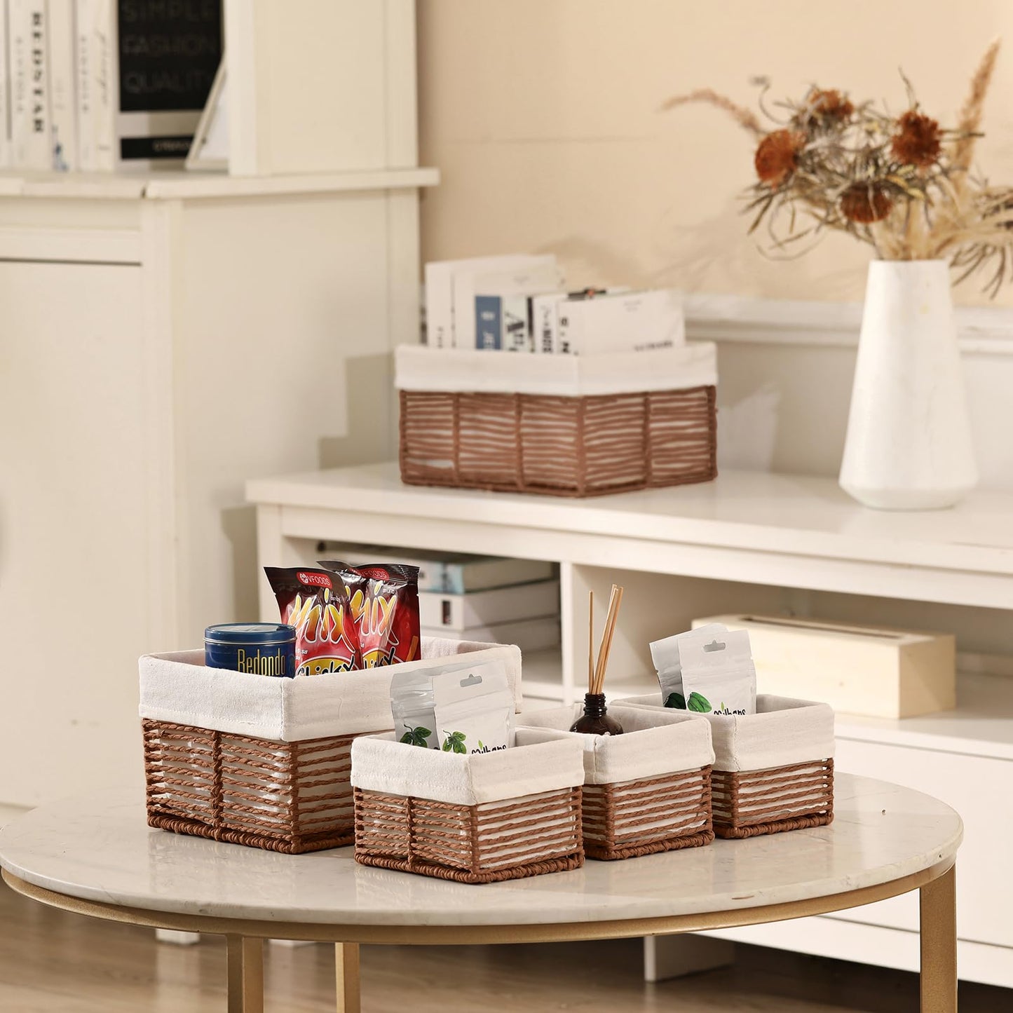Vagusicc Wicker Storage Basket, Set of 5 Hand-Woven Display Hamper Basket, Nesting Natural Wicker Organizer Baskets, Storage Boxes Bin