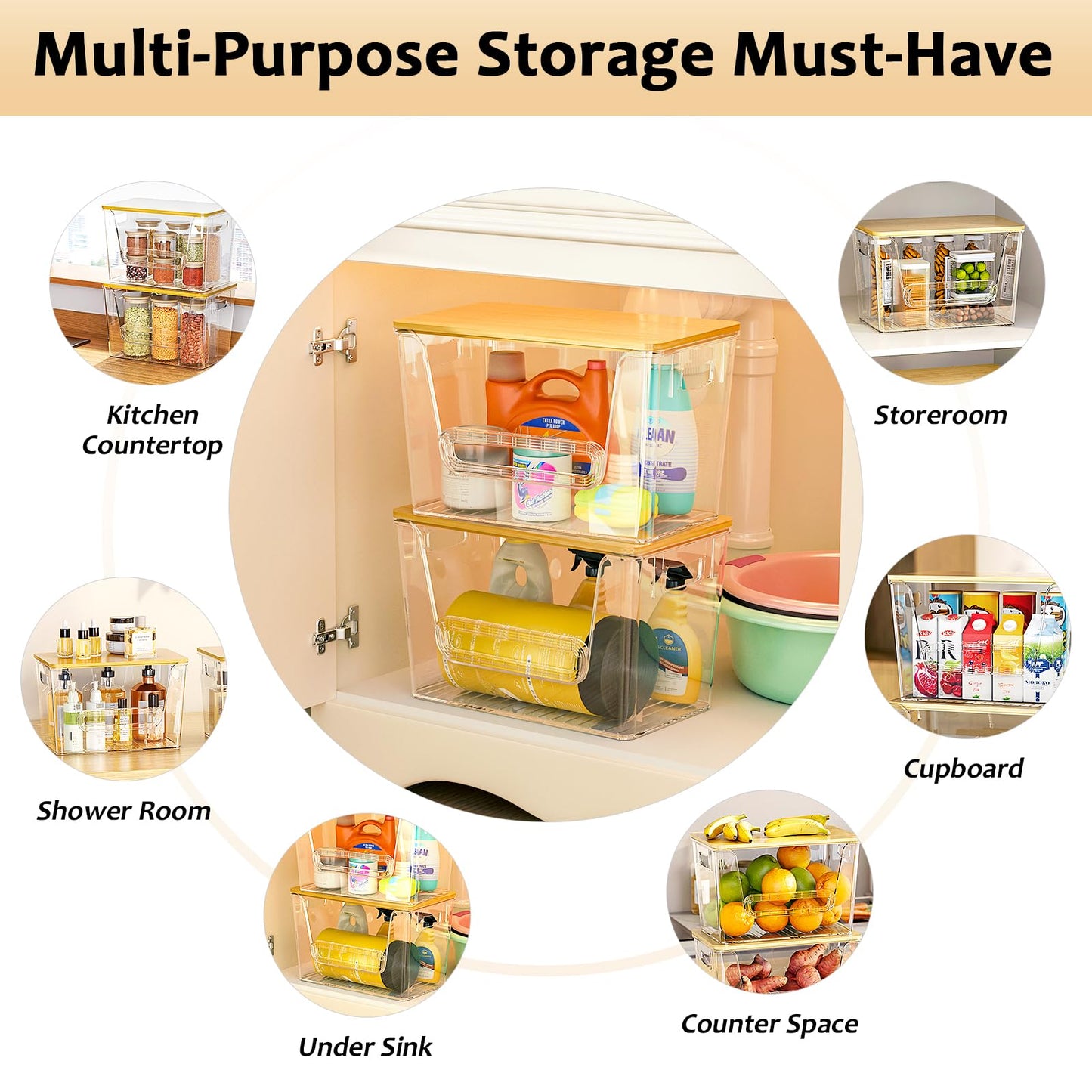 Delamu 2 Pack Fruit ＆ Vegetable Storage Basket, Kitchen Plastic Storage Baskets, Stackable Storage Bins with Bamboo Top for Potato and Onion Storage