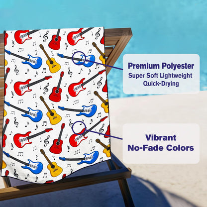 Violetpos Colorful Guitar & Music Note Beach Towel, Extra Large 180x90 cm 250GSM Microfibre, Sand Free Quick Dry