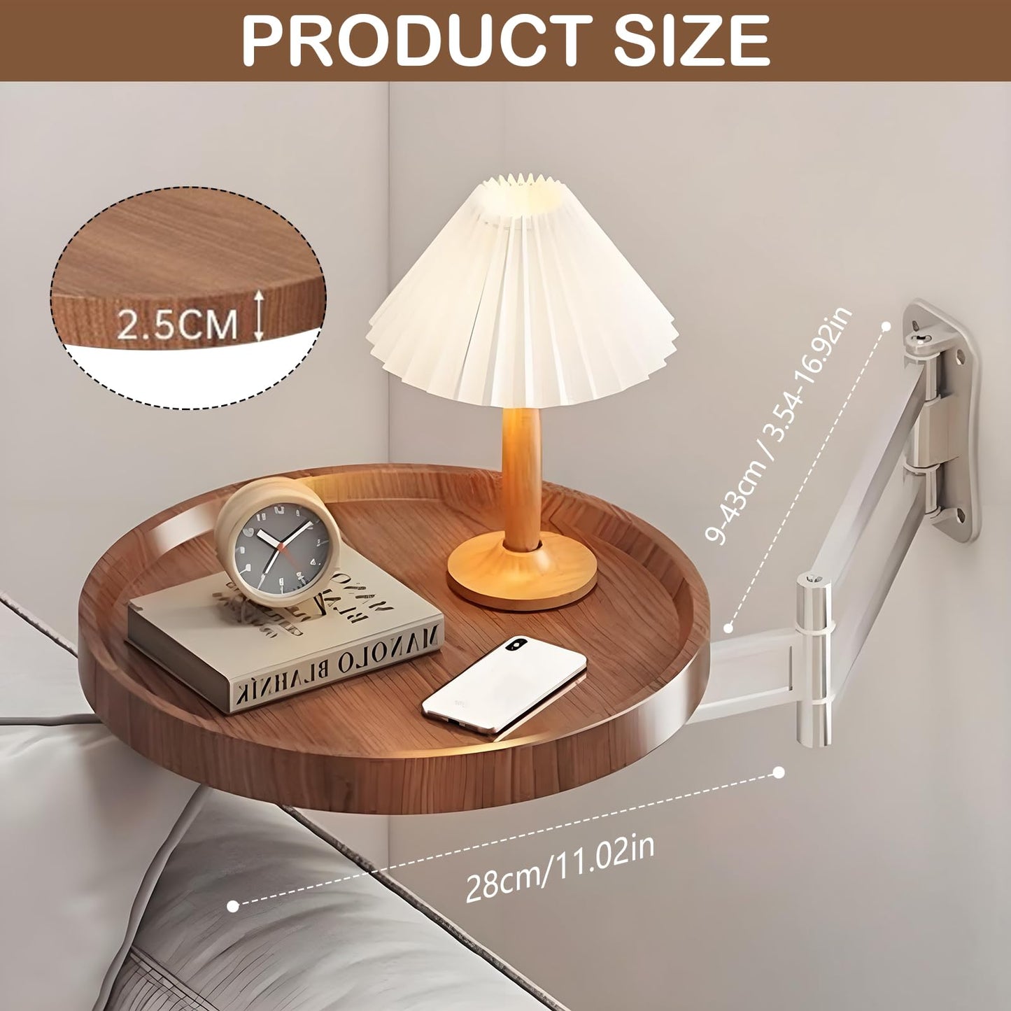 Ysislybin Round Wall-Mounted Folding Table, 720° Freely Adjustable Foldable Wall Desk Foldable Wall Bedside Table Space-Saving For Bedroom Living