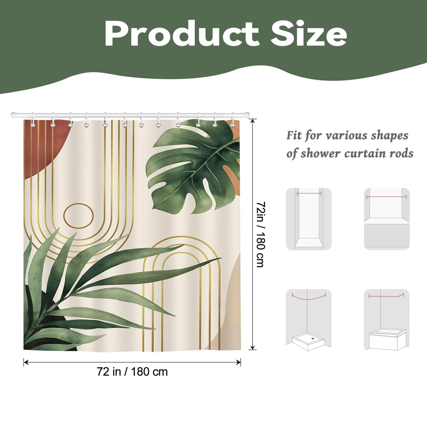 BREASOME Green Leaves Shower Curtain 180 x 180 cm Boho Tropical Leaves Shower Curtain for Bathroom Decor Mould Proof Waterproof Polyester Fabric Bath