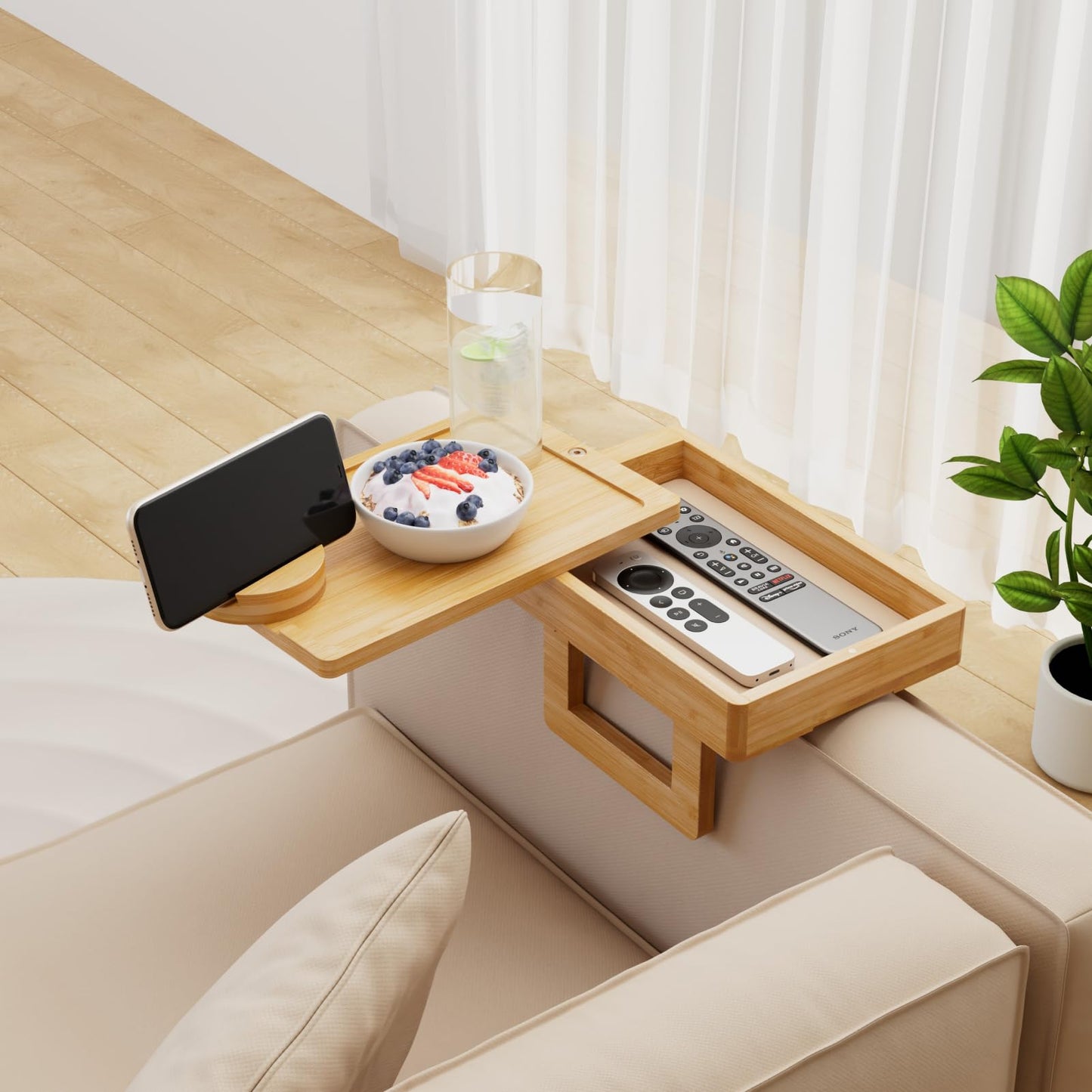 Wealone Mini Couch Arm Table for Narrow Armrest, Bamboo Sofa Arm Tray with Storage Box, Rotating Tabletop and Phone Stand
