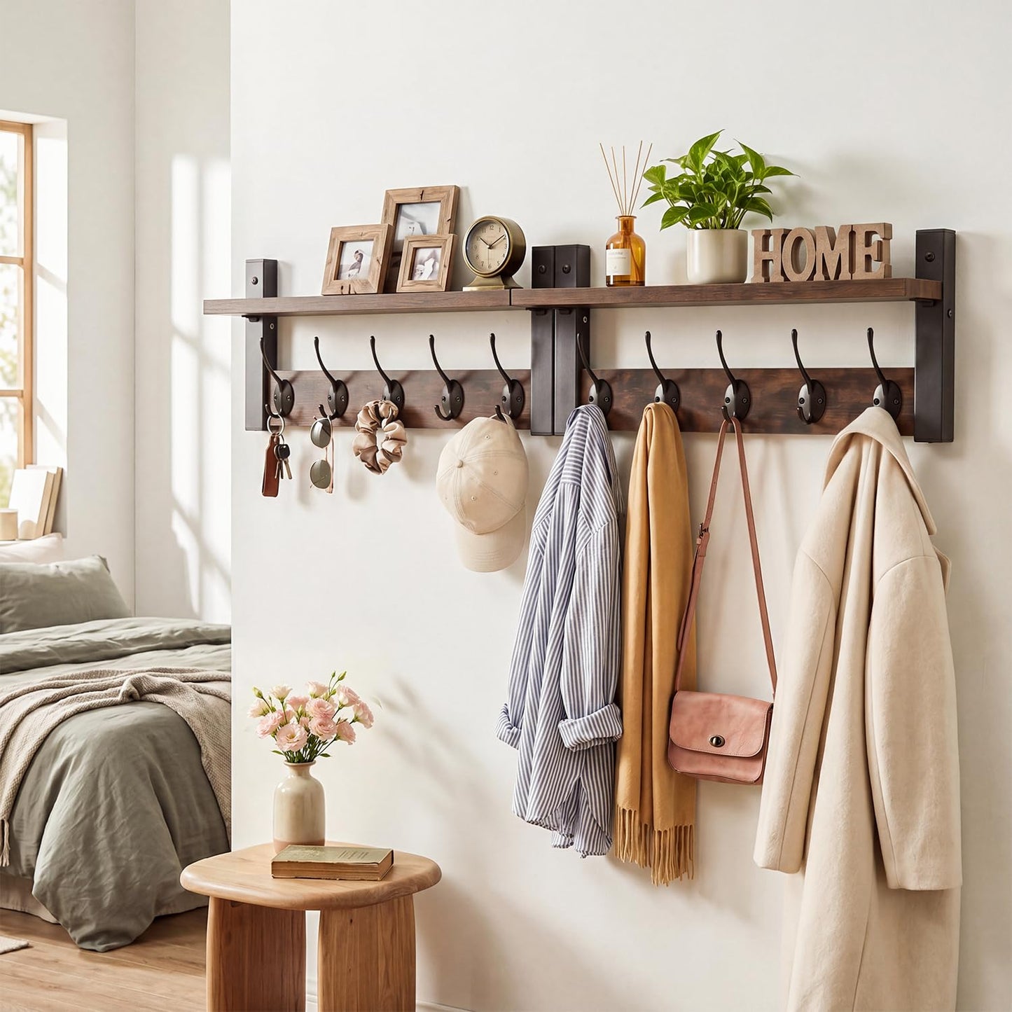 DongRong Coat Rack with Shelf 87cm, 10 Coat Hooks, Metal & Wood, Set of 2