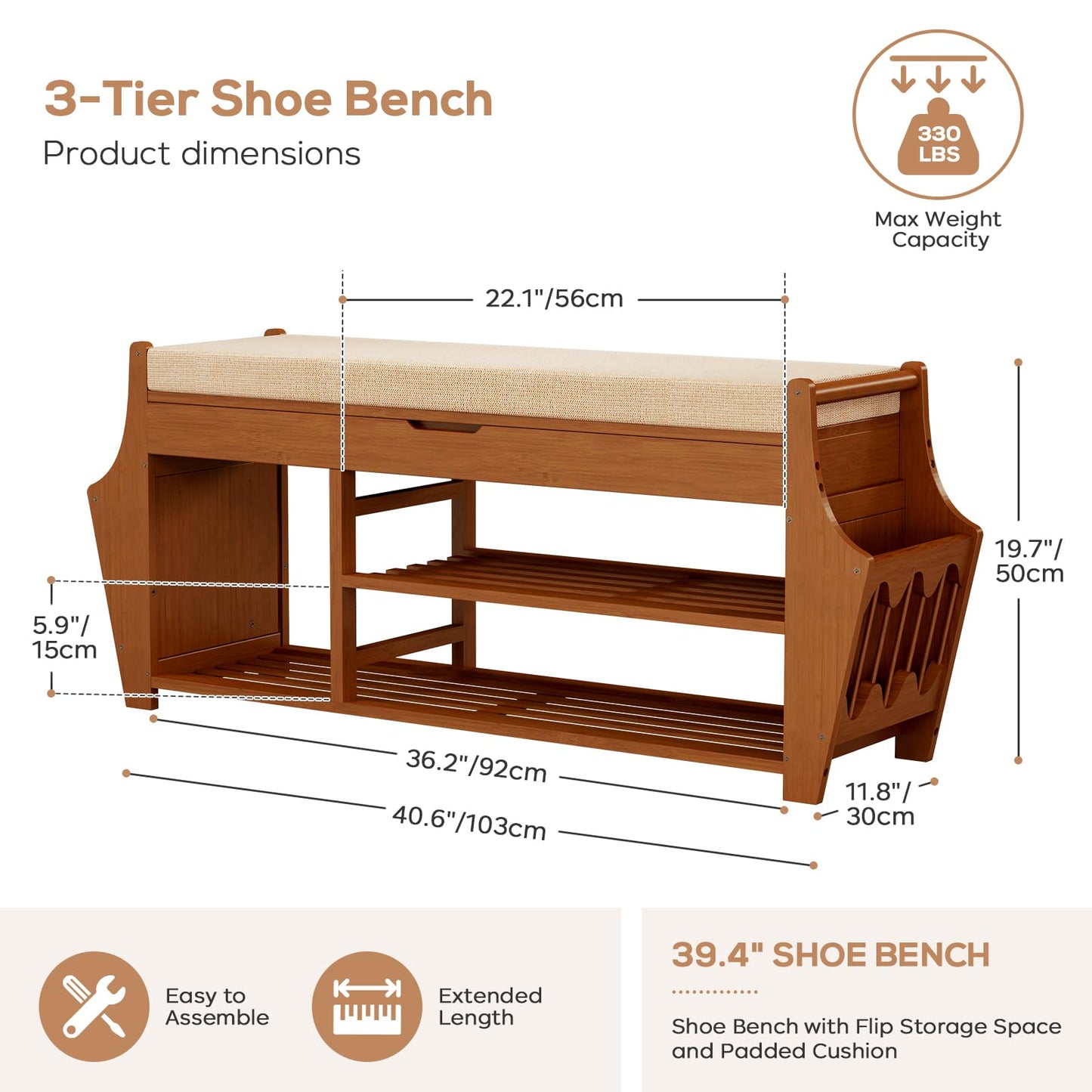 39.4in Shoe Bench with 2 Holder, 3 Tier Bamboo Entryway Bench with Storage