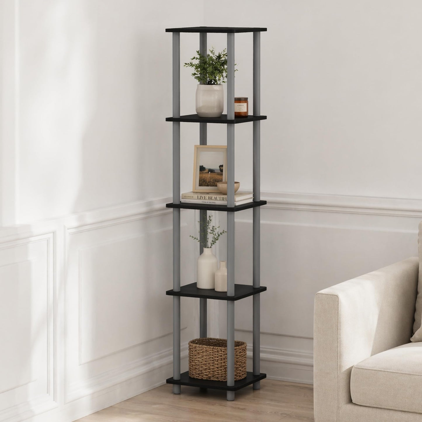 Furinno TURN-N-TUBE Storage Shelves, 5-Tier Square Book Shelf, Corner Shelf, Toolless Open Shelves, Round Tubes, for Organization and Storage
