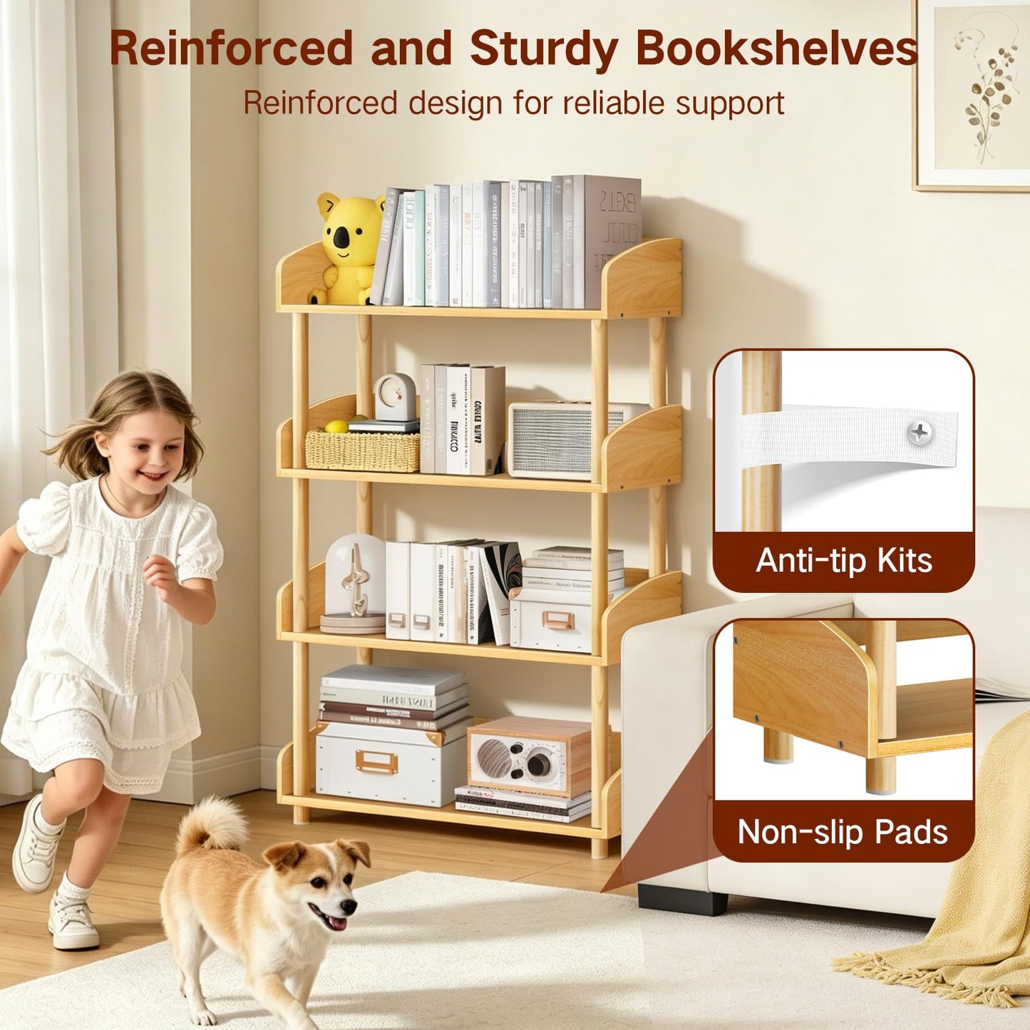 OUTONLIFE 4-Tier Wooden Open Bookcase, Modern Display Bookshelf with Solid Wood Frame and Rounded Corner Design, Storage Organizer for Living Room