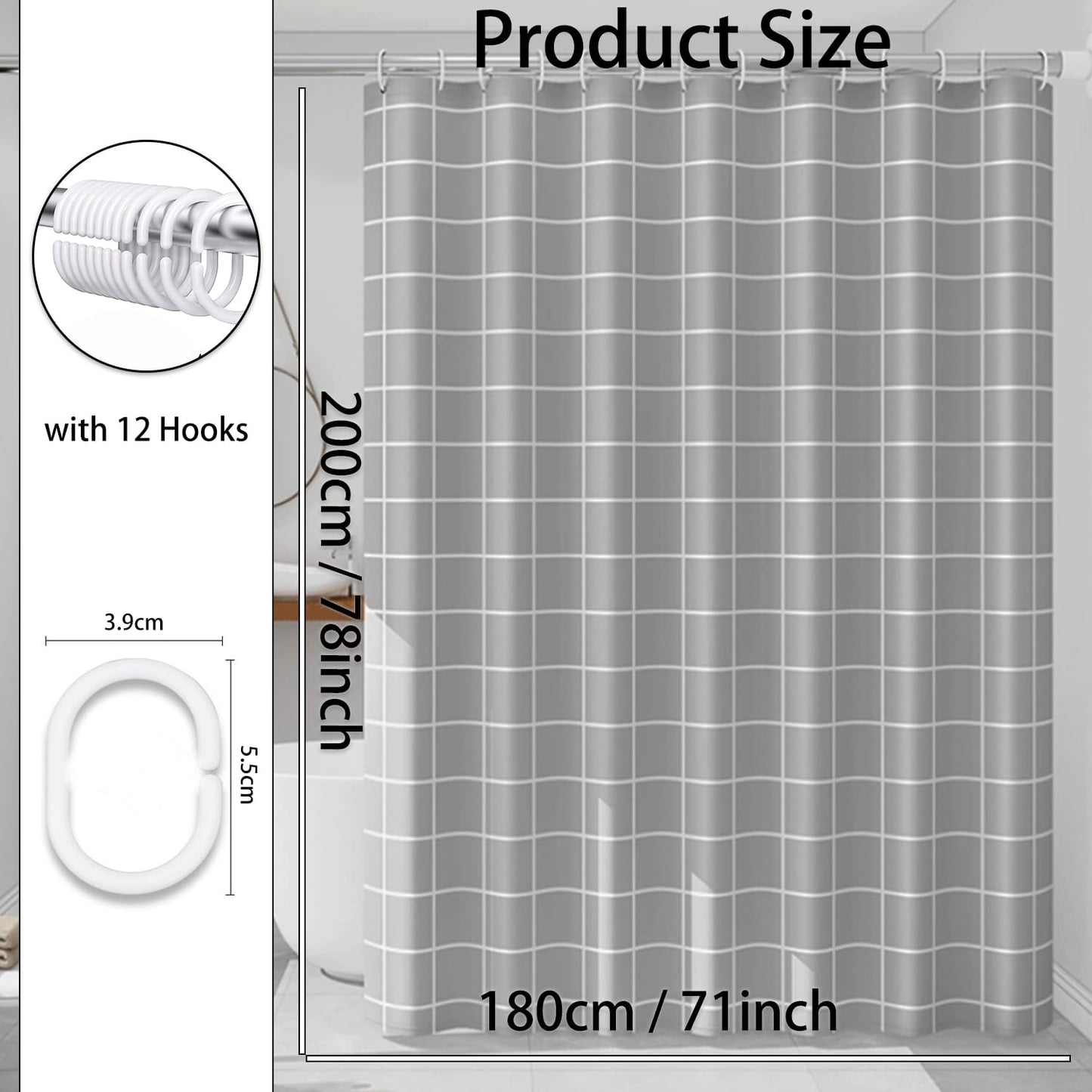 zhaoyeqing Grey Shower Curtain - 180 x 200 cm - Shower Curtain for Bathroom - Mould Proof and Mildew Resistant Washable Bathroom Curtains