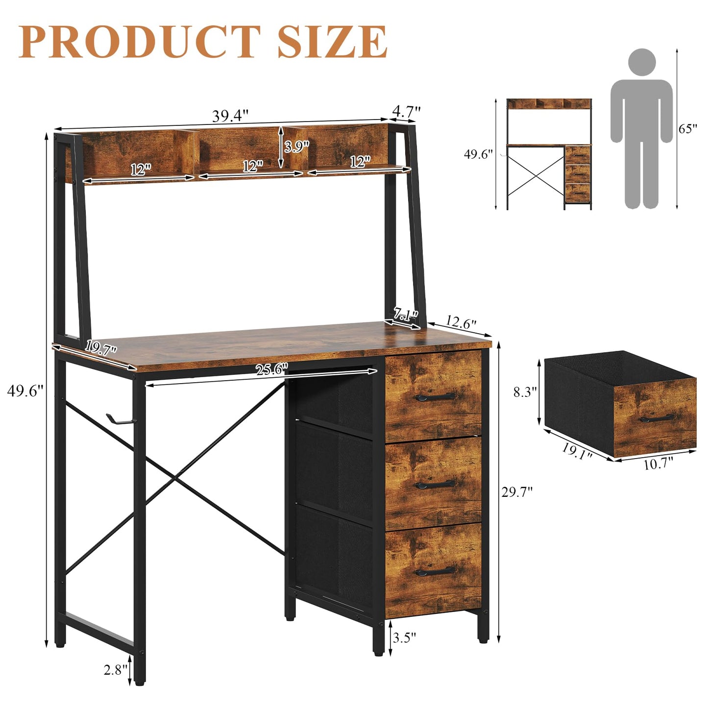 Feonase Industrial-Style Computer Desk with 3-Tier Wall-Mounted Shelf & 3 Fabric Drawers – MDF Desktop for Home Office, Study & Organization