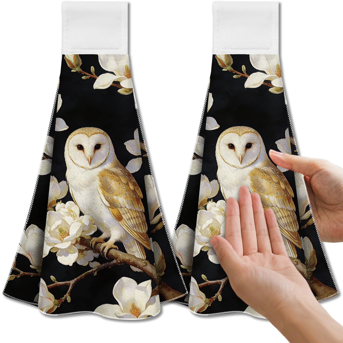CUTHOLLOW 2 Pcs Owl and White Magnolia Hanging Kitchen Towels with Loop