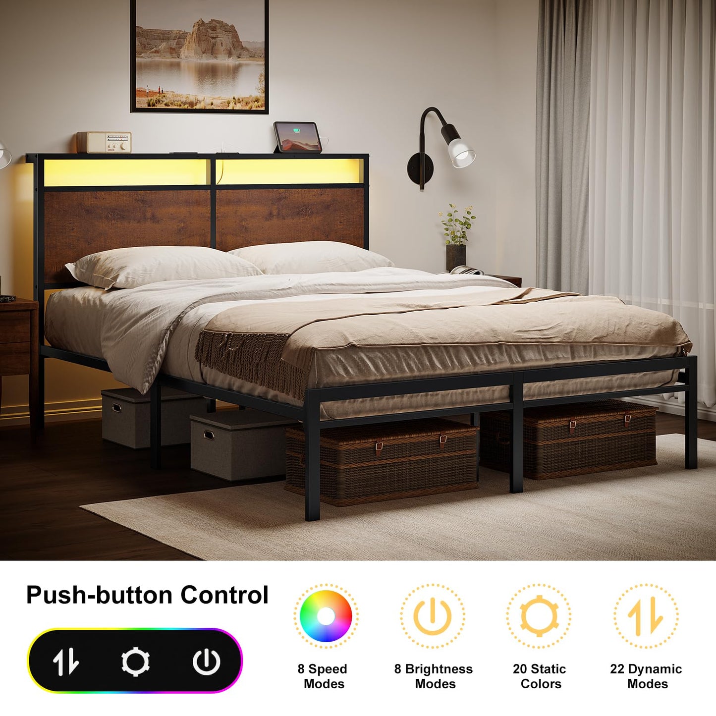 Mossora Double Bed Frame with LED Headboard & Charging Station 135 * 190cm