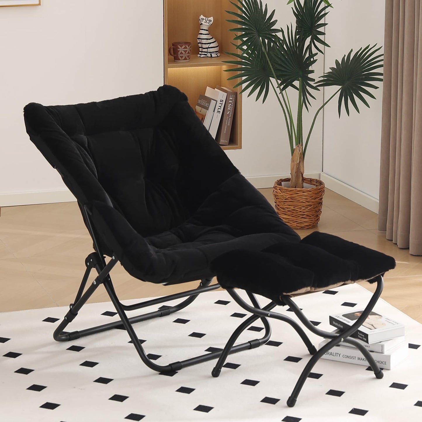 SESHINELL Saucer Chair with Ottoman, Oversized Foldable Faux Fur Lounge Seat with Metal Frame, Cosy Accent Chair for Bedroom, Living Room or Dorm