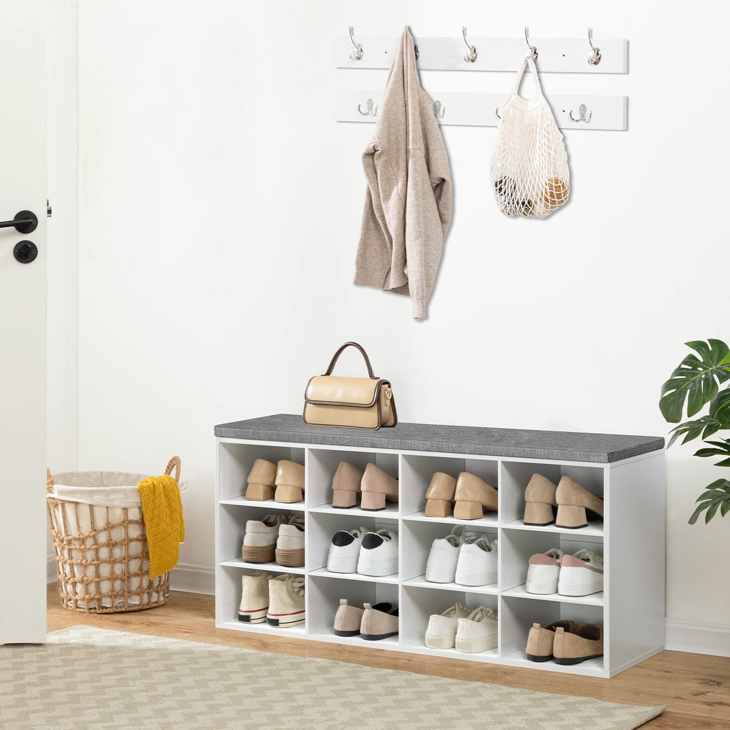 HOOBRO Shoe Storage Bench with Cushion and Coat Hooks, Shoe Rack Bench with Padded Seat, 100 cm Coat Rack for Hallway, 12 Compartments