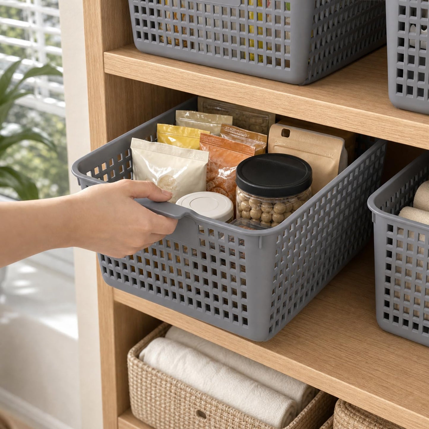 Jnktka Rectangle Storage Baskets for Shelves, Set of 6 Grey Plastic Baskets