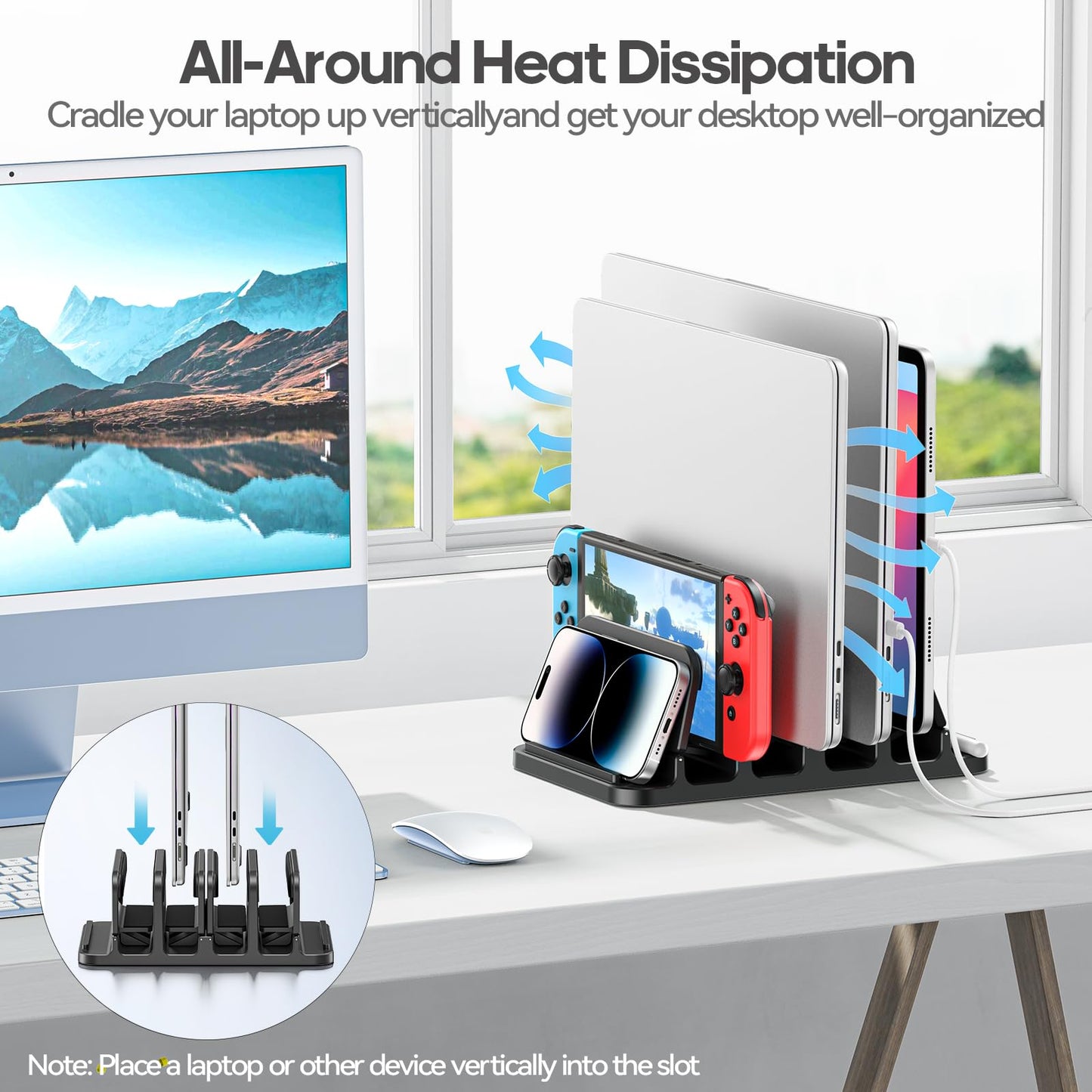 KDD Vertical Laptop Stand with 4 Slot,6-in-1 Laptop Holder Desktop Stand with Gravity Locking,Space-Saving Organizer for MacBook/Microsoft