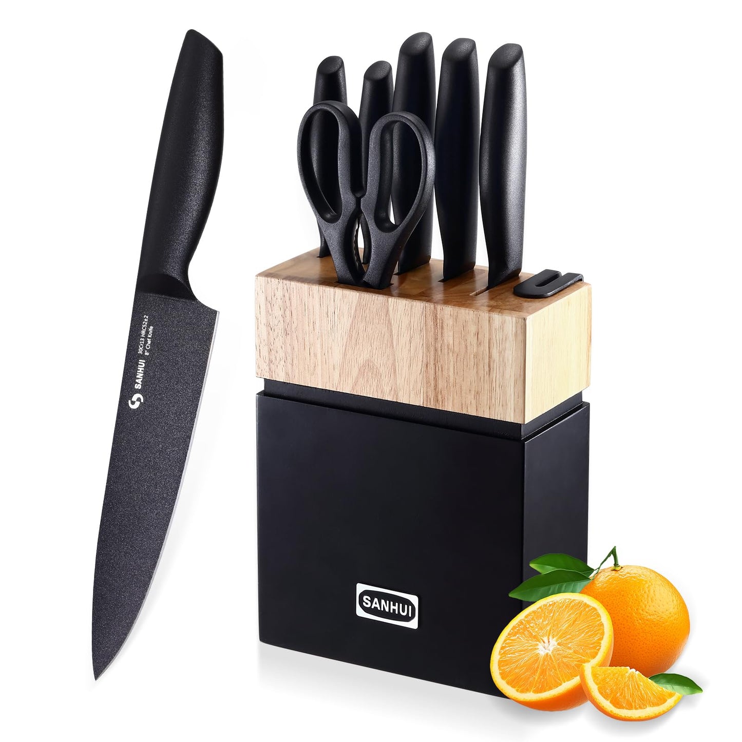 SANHUI 7 Piece Knife Set with Block,Kitchen Knife Set with Sharpener, Ergonomic Anti-Slip Handle,High Carbon Stainless Steel Knivese with Chef, Bread,