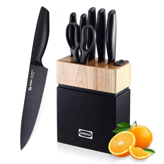 SANHUI 7 Piece Knife Set with Block,Kitchen Knife Set with Sharpener, Ergonomic Anti-Slip Handle,High Carbon Stainless Steel Knivese with Chef, Bread,