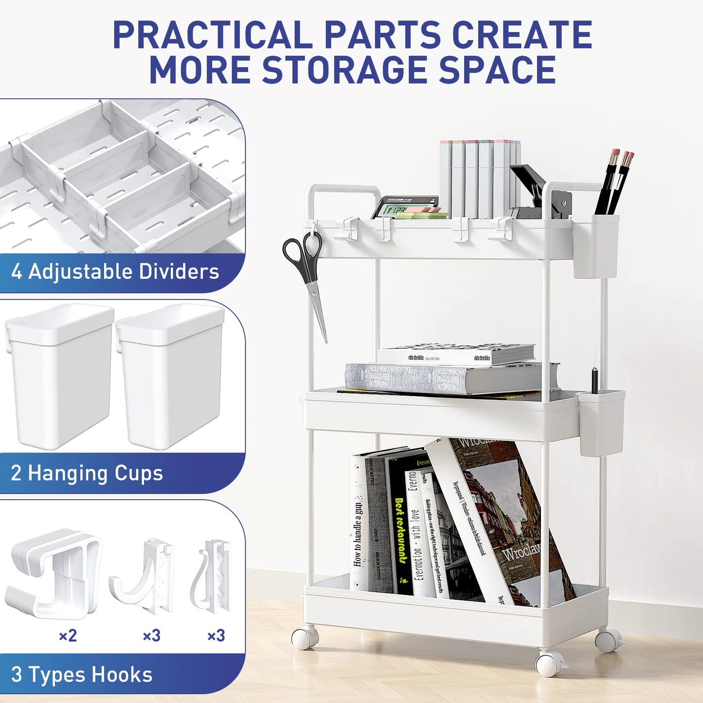 Ronlap Slim Storage Trolley, 3 Tier Rolling Cart Storage Organizer, White