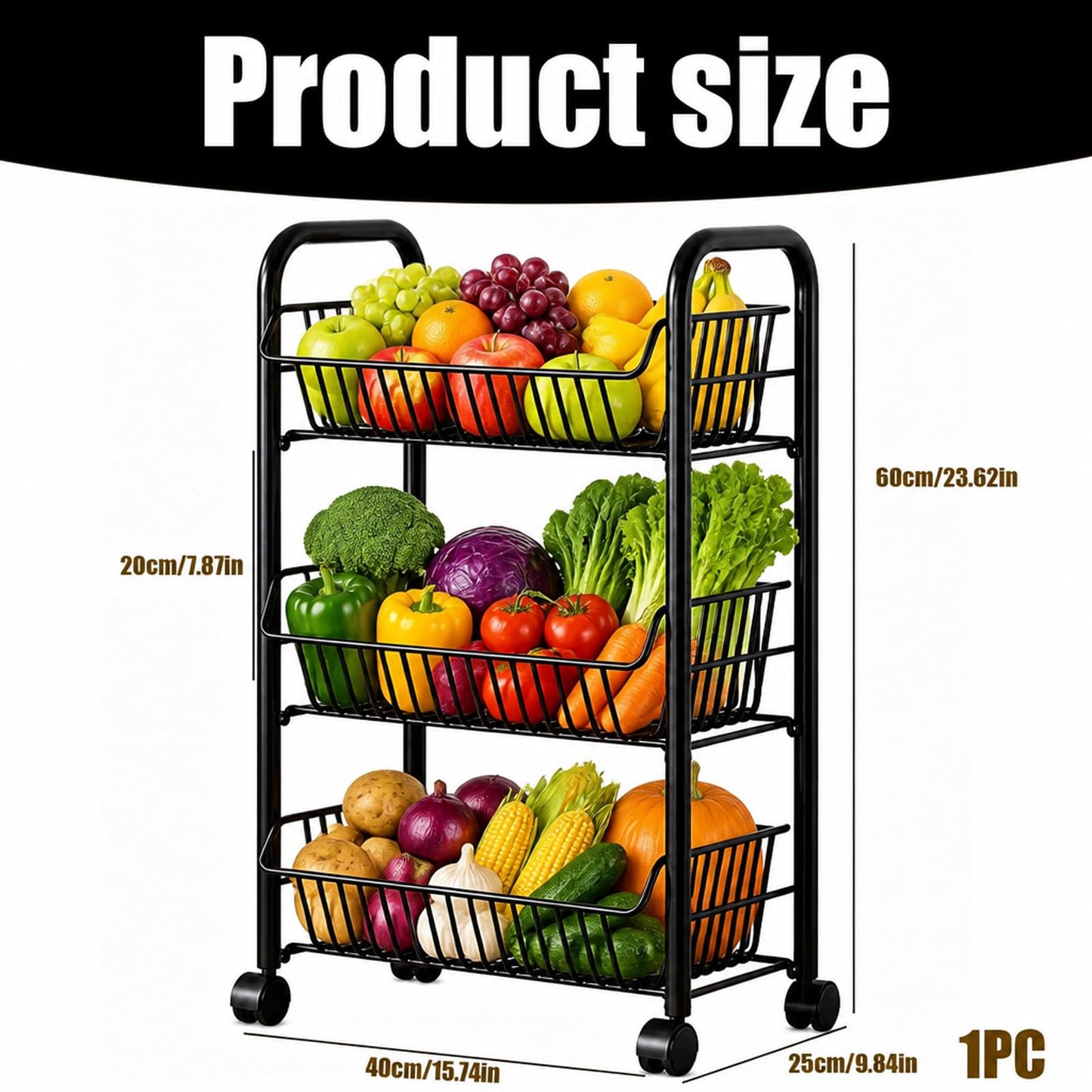 3-Tier Kitchen Trolley on Wheels, Vegetable Storage Rack, Storage Trolley
