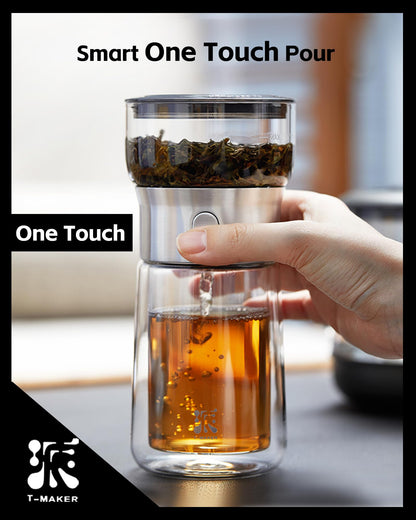 ZENS Modern Solo Tea Infuser Teapot, Smart One Touch Drip Tea Pot for Loose Tea Diffusers, Small Glass Gongfu Magic Teapot with 270ml Insulated Cup
