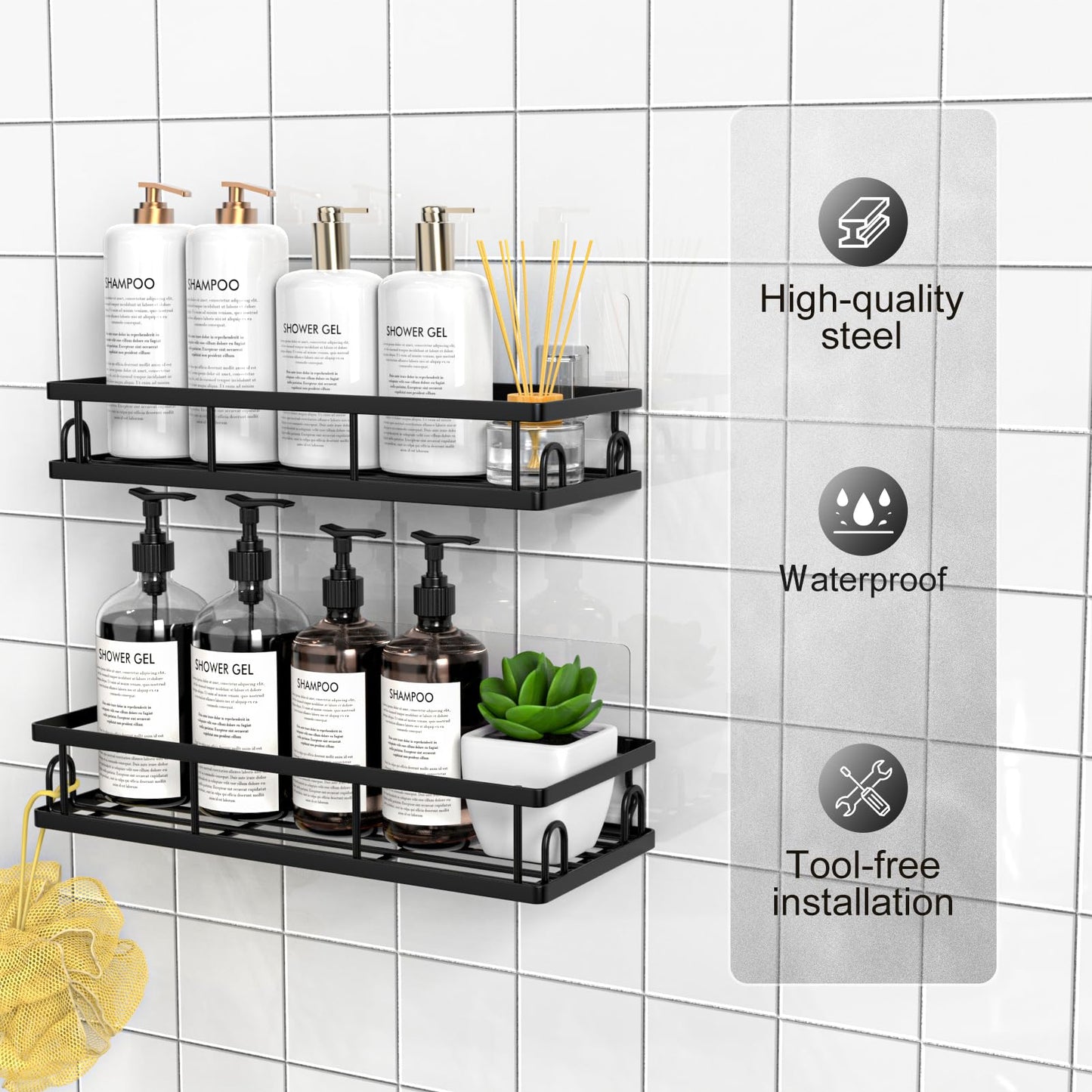 UUlioyer Shower Caddy, Shower Shelf No Drilling (Black-2 Pack)