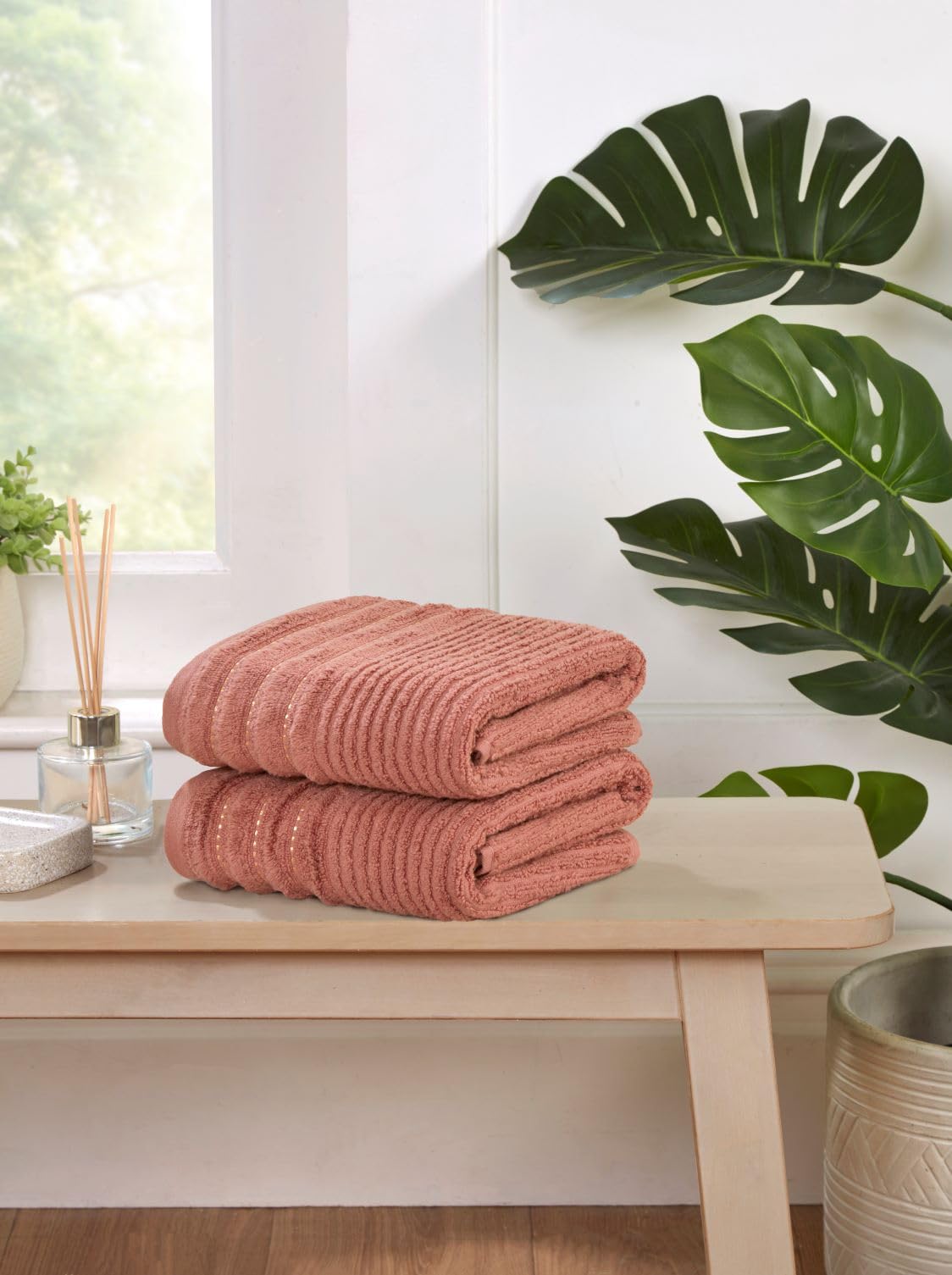 Rapport Home 2-Pack Linear Hand Towels | 50x85cm 100% Cotton 500GSM | Absorbent & Soft Bathroom Towel Set | Oeko-Tex Certified | Rose Red
