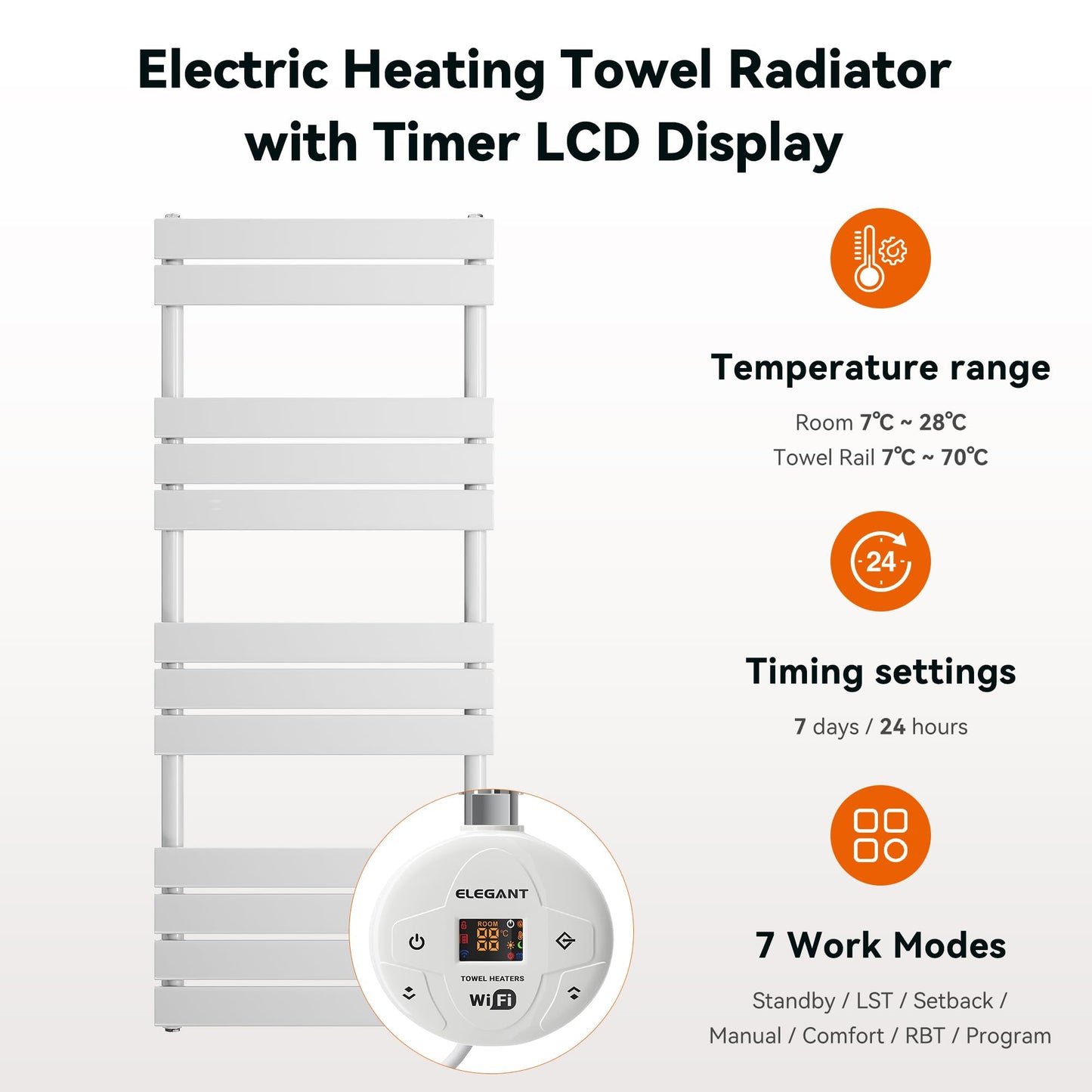 ELEGANT 600W 1250 x 500mm White Electric WiFi-Controlled Heated Towel Rail